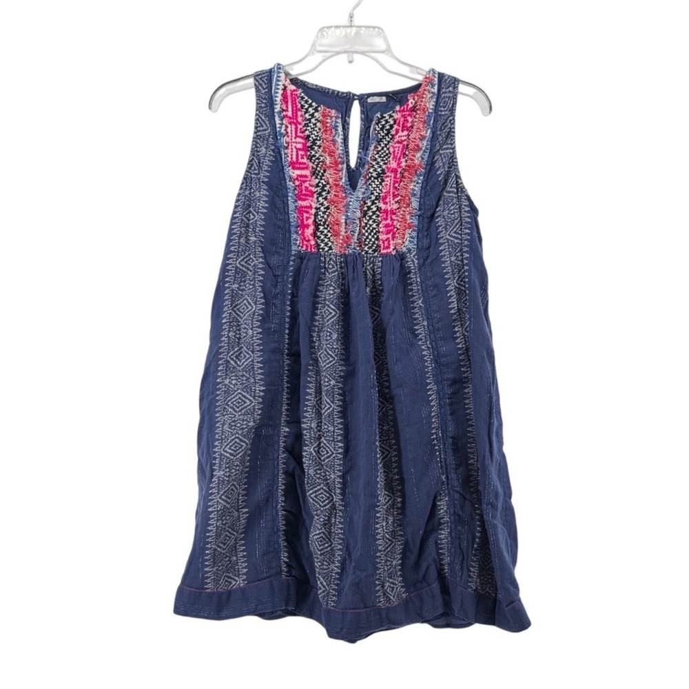 Anthropologie Dress Womens 6 Blue Sleeveless Embroidered Boho Fringe Geometric